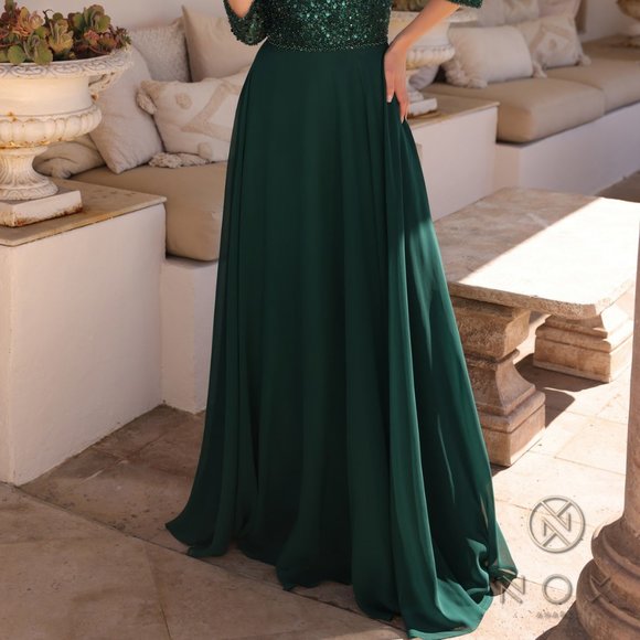 NEW LONG FORMAL A-LINE 3\4 SLEEVES DRESS EMBROIDERED W/ SEQUINS & BEADS NX MF103 - Picture 7 of 10